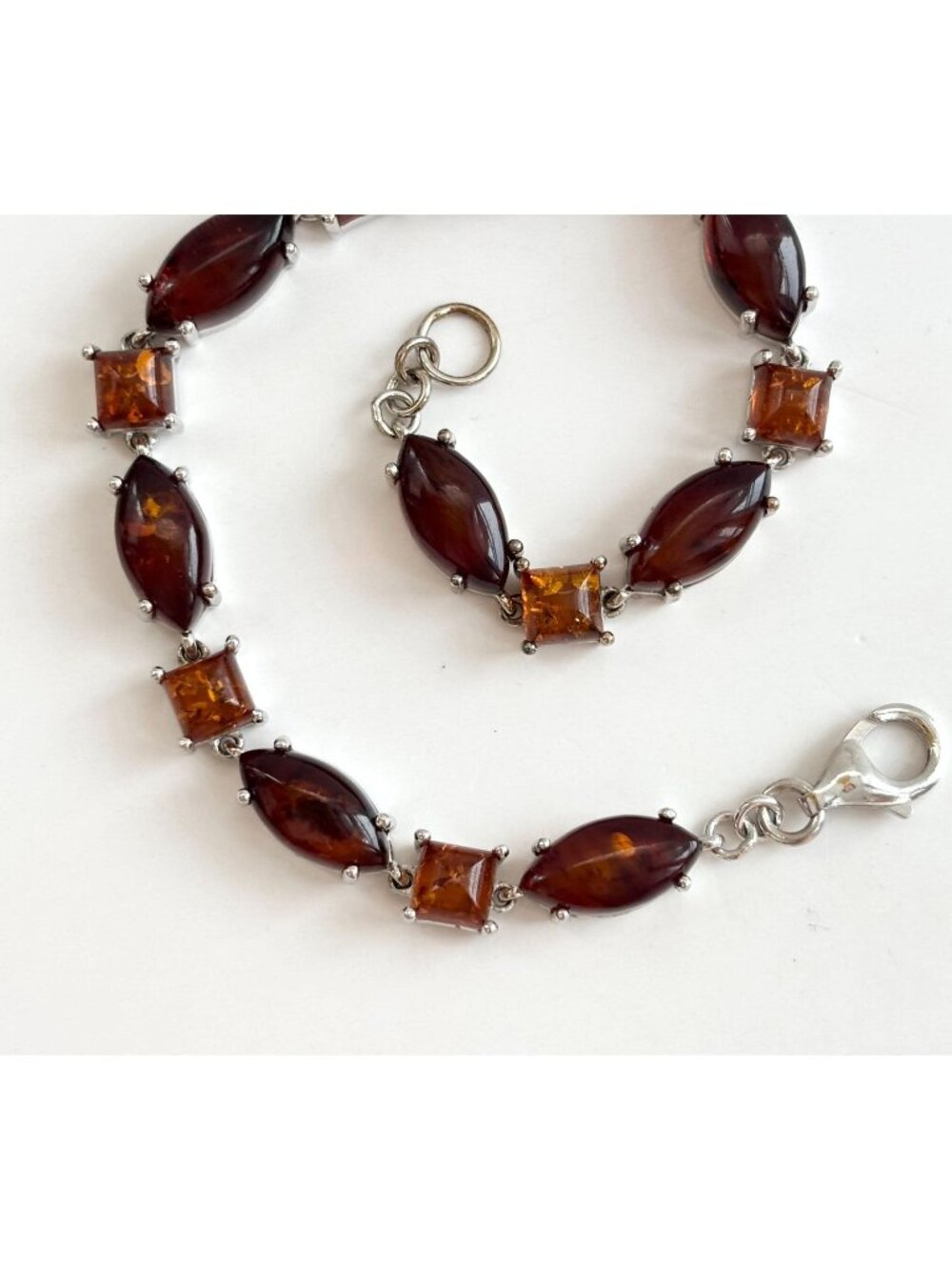 Natural Baltic Amber Marquise Chainlink Vintage Sterling Silver 925 Bracelet 7"